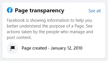Secțiunea de transparență a unei pagini de Facebook
