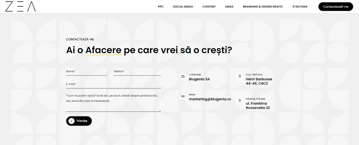 Secțiune din site-ul ZÉA cu formularul de contact