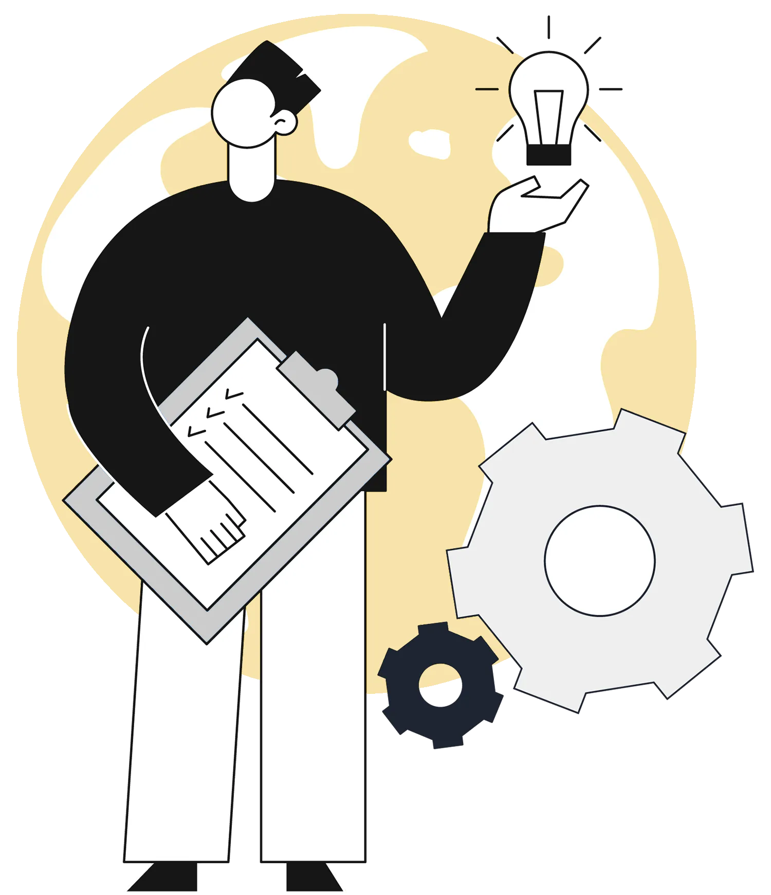Ilustrație: specialist cu clipboard și rotițe de mecanism
