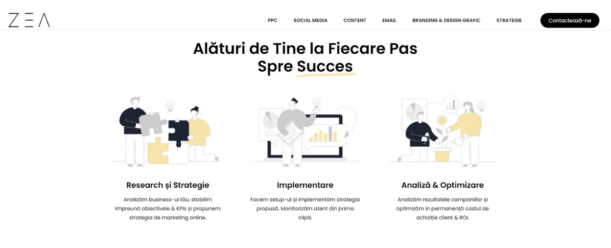 Secțiune din site-ul ZÉA: „Alături de tine la fiecare pas spre succes”